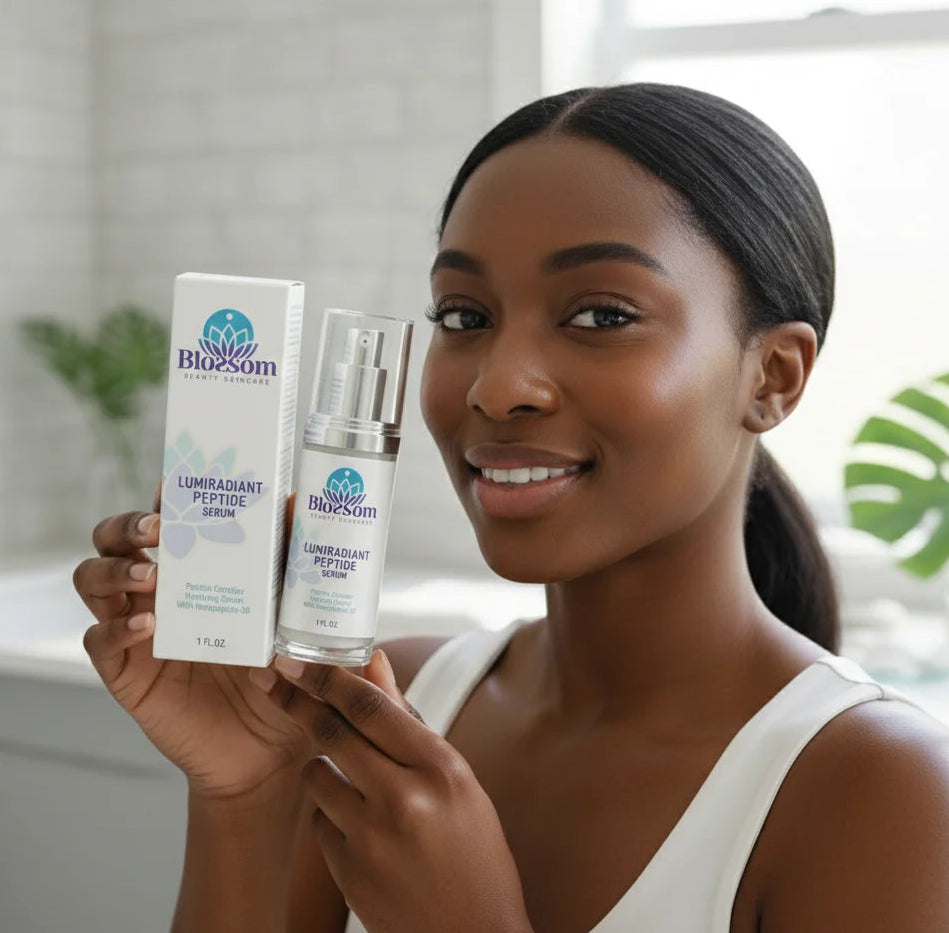 Woman holding the Lumiradiant Product of Blossom Beauty Skincare