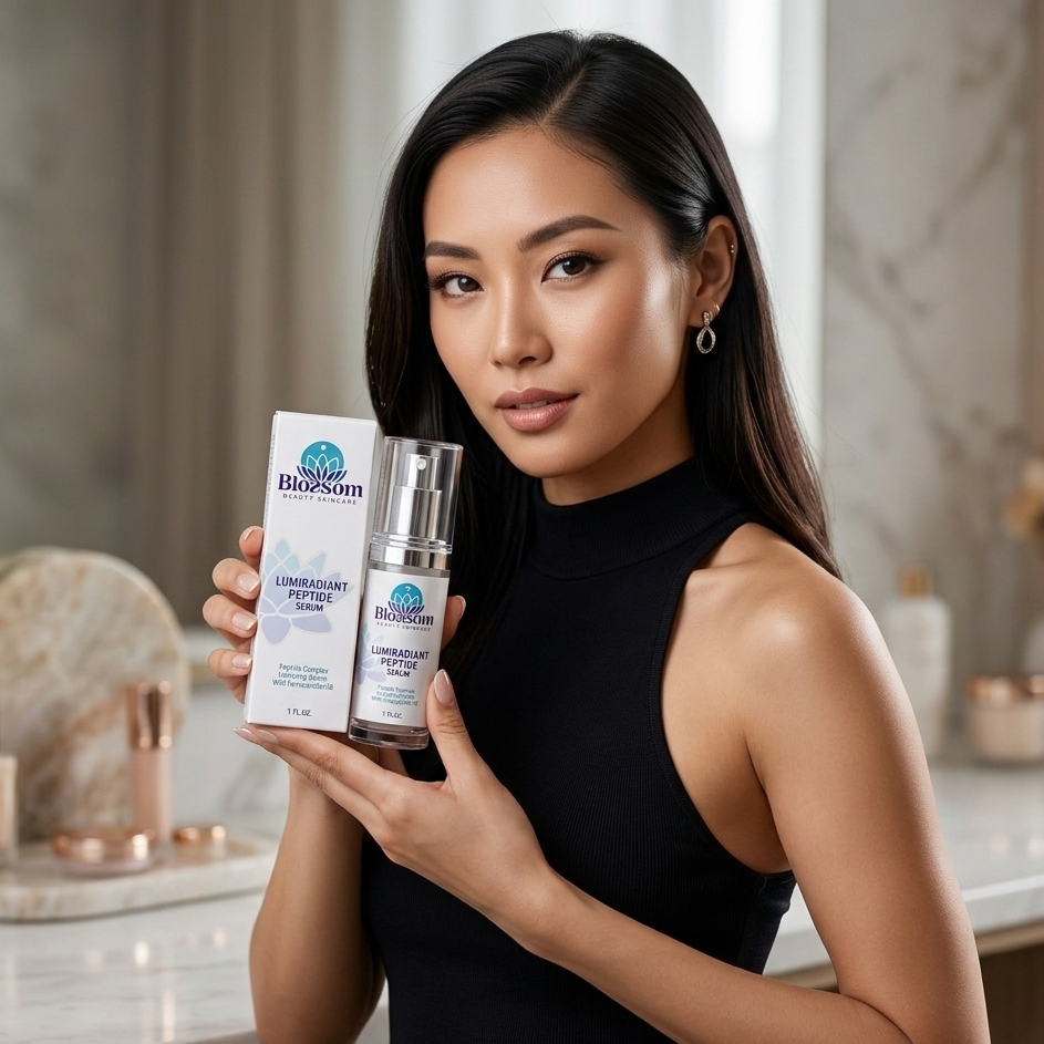 Woman holding the product of Blossom Beauty Skincare, Lumiradiant Peptide Serum
