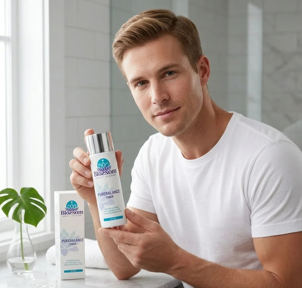 Man Holding Blossom Beauty Skincare's Toner