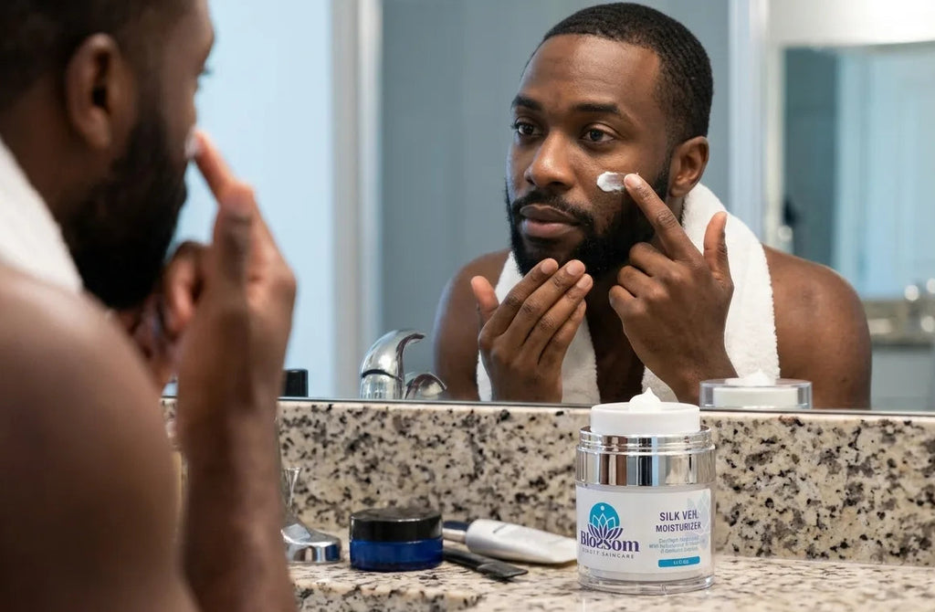 Man is using Blossom Beauty Skincare's Silk veil Moisturizer