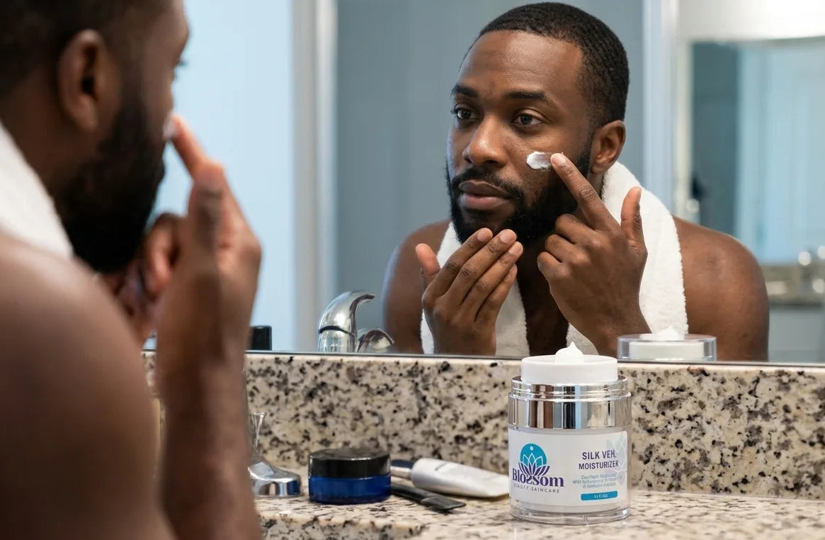 Man is using Blossom Beauty Skincare's Silk veil Moisturizer
