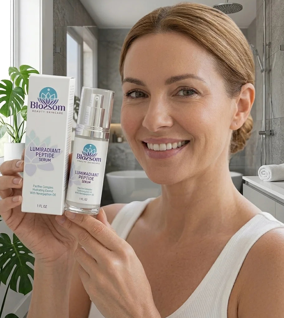 Mature woman with Peptide Serum of BLossom Beauty Skincare