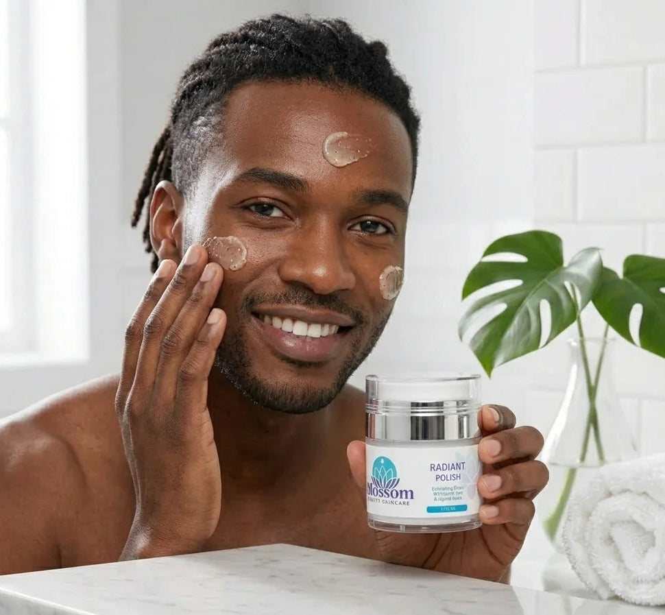 Man is holding Radiant Polish of Blossom Beauty Skincare 