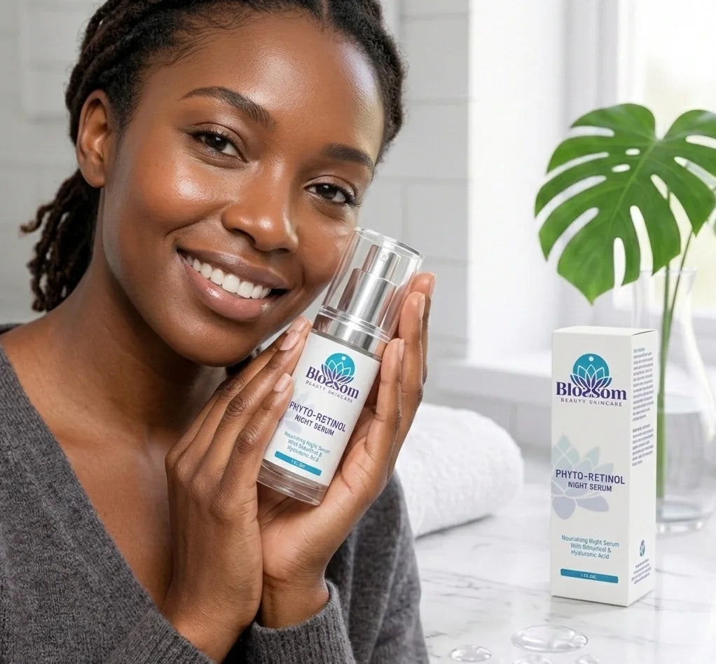 Woman holding the bottle of Blossom Beauty Skincare's  Retinol night serum