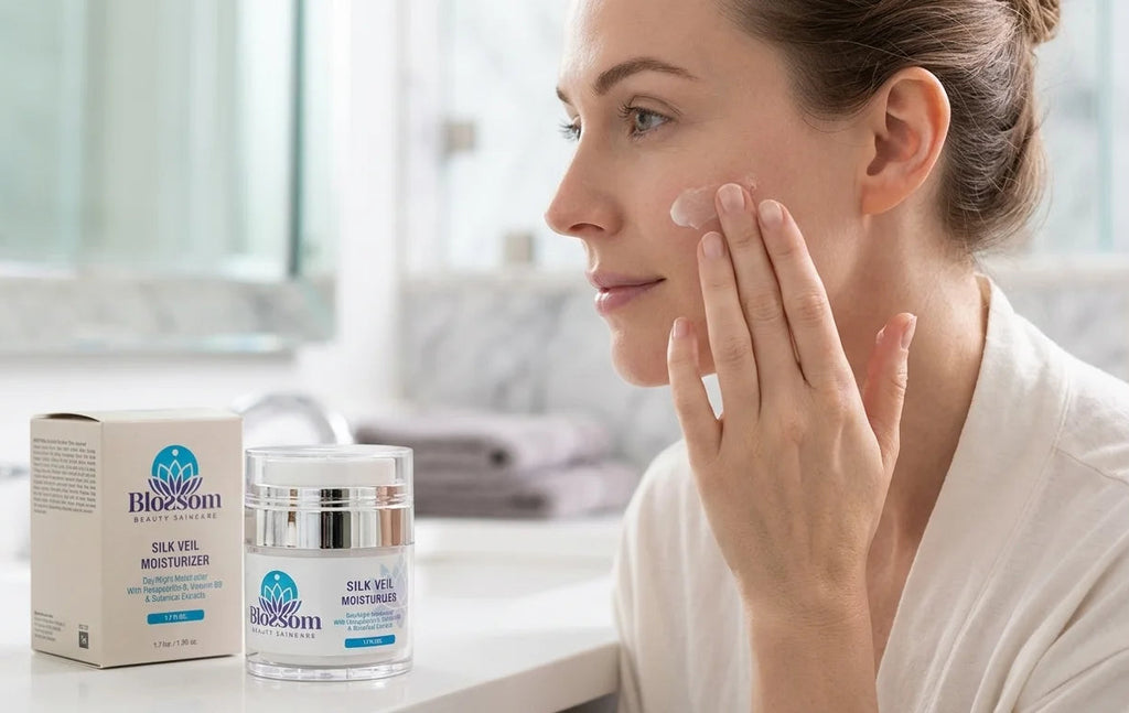 Woman is using Blossom Beauty Skincare's Silk veil Moisturizer