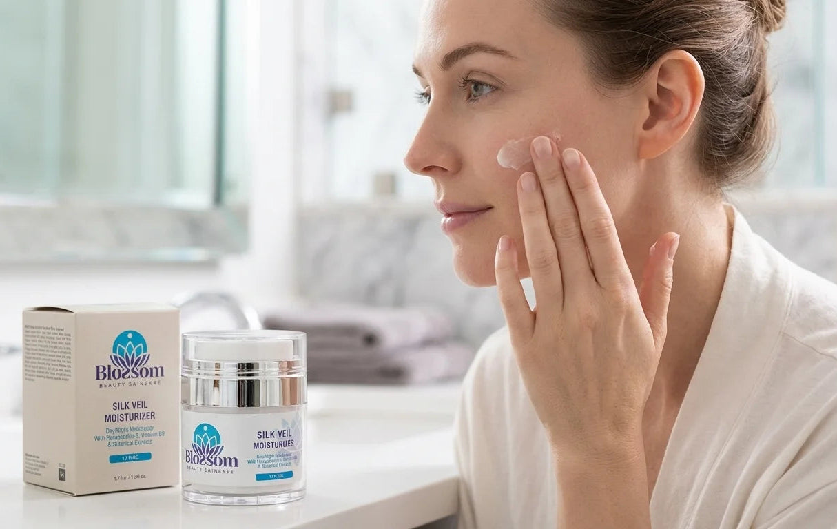 Woman is using Blossom Beauty Skincare's Silk veil Moisturizer