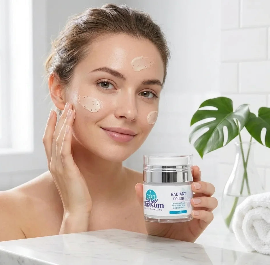woman is holding radiant polish of Blossom Beauty Skincare